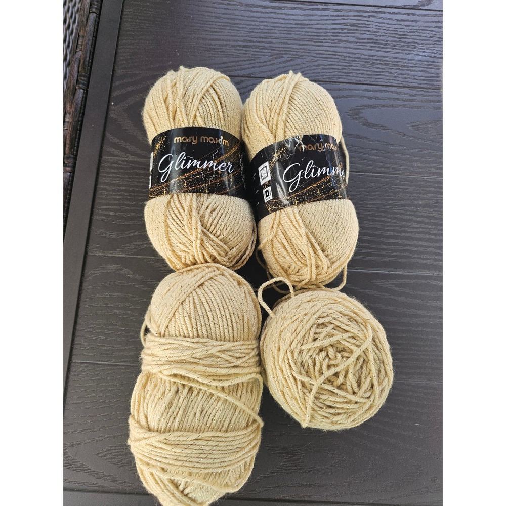 Mary Maxim Glimmer Yarn Mustard Yellow Metallic Gold‎ Sparkle 4 Medium 4 Skeins